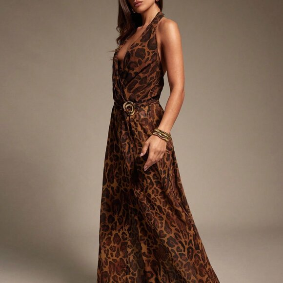 Brown Elegant Women Sexy Wide Leg Leopard Chiffon Jumpsuit - Picture 6 of 6